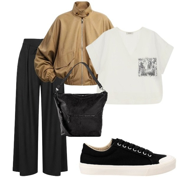 Outfit donna - Serate di settembre. Stile Casual per Tutti i giorni. Abbinamento con borse a spalla, bluse, sneakers, bomber, pantaloni a palazzo.