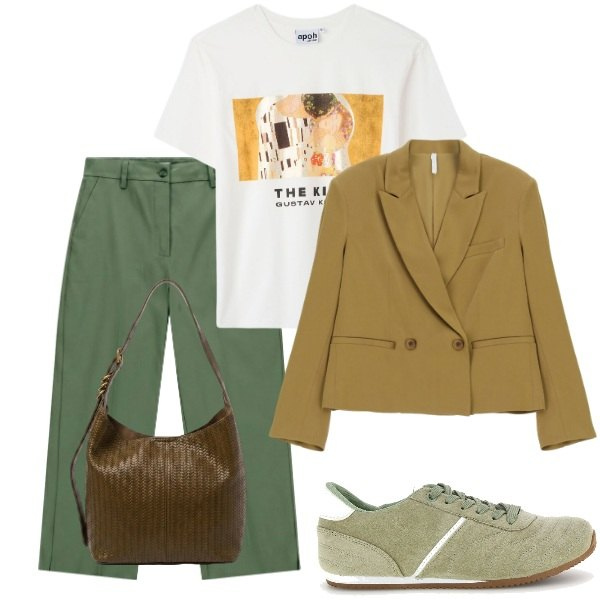 Outfit donna - Al lavoro. Stile Casual per Tutti i giorni. Abbinamento con blazer, t-shirt, pantaloni, borse a spalla, sneakers.