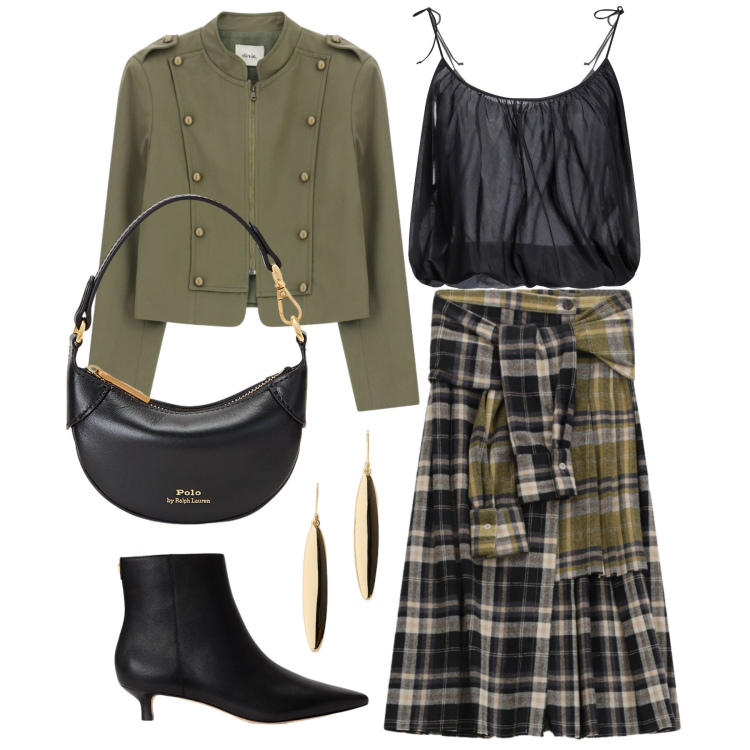 Outfit donna - Settembre. Stile Military per Tutti i giorni. Abbinamento con top, blazer, gonne longuette, portafogli, stivaletti, orecchini.