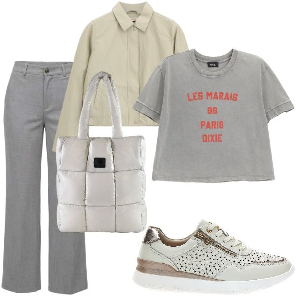 Outfit donna - Serate di settembre. Stile Casual per Tutti i giorni. Abbinamento con t-shirt, pantaloni, blazer, shopping bag, sneakers.