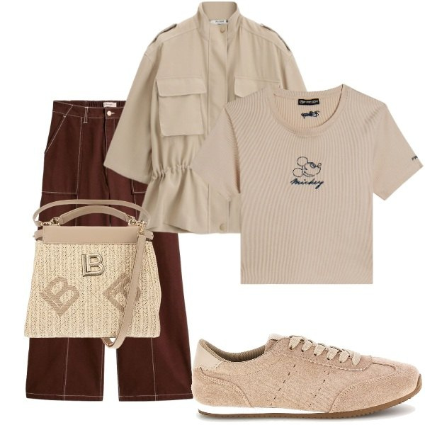 Outfit donna - Serata tra amici. Stile Casual per Tutti i giorni. Abbinamento con pantaloni, parka, t-shirt, sneakers, borse a tracolla.