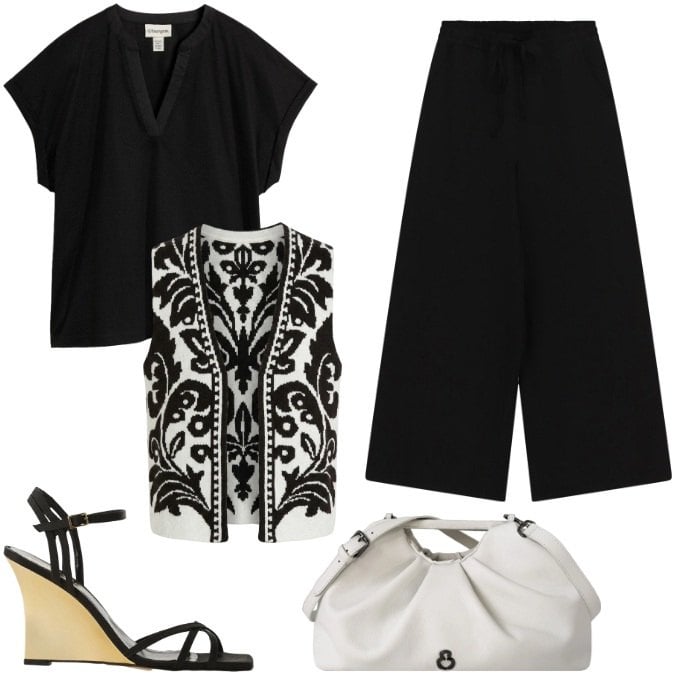 Outfit donna - Minimal & Chic. Stile Minimal per Cerimonia. Abbinamento con t-shirt, pantaloni a palazzo, sandali col tacco, gilet, clutch.