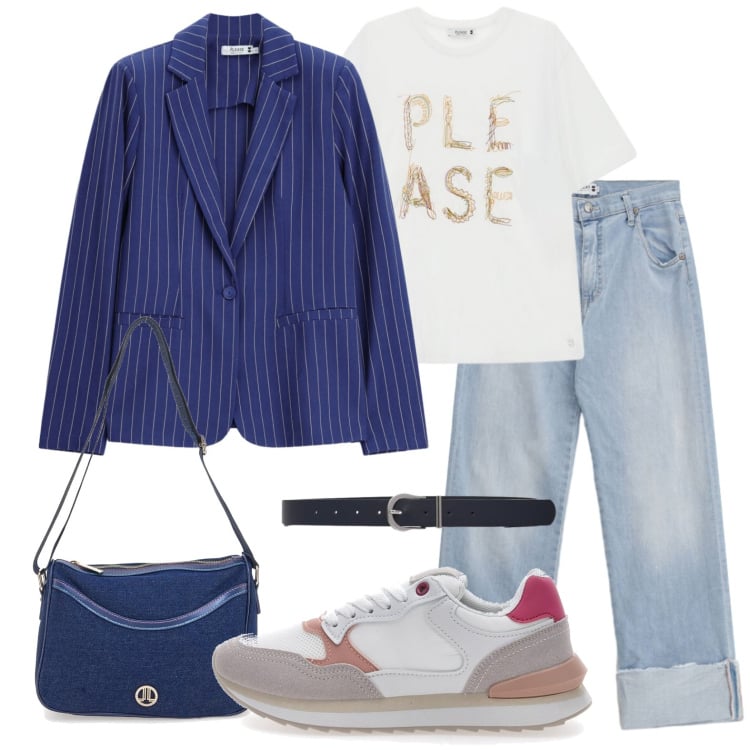 Outfit donna - Blazer gessato per l\'esame. Stile Urban per Scuola/Università. Abbinamento con cinture, jeans dritti, t-shirt, blazer, sneakers, borse a tracolla.