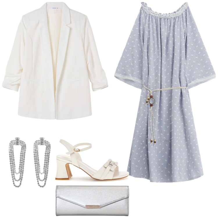 Outfit donna - Total look #2467255. Stile Chic per Serata fuori. Abbinamento con orecchini, blazer, clutch, vestiti asimmetrici, sandali col tacco.