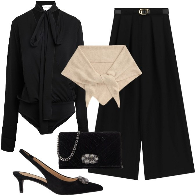 Outfit donna - Total look #2467257. Stile Chic per Serata fuori. Abbinamento con body, pantaloni a palazzo, sciarpe, borse a tracolla, décolleté.