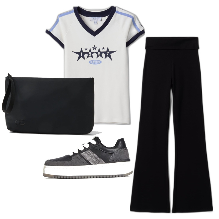 Outfit mujer - Casual. Estilo Casual para Todos los días. Combinación con leggings, sneakers, pochette, camiseta.