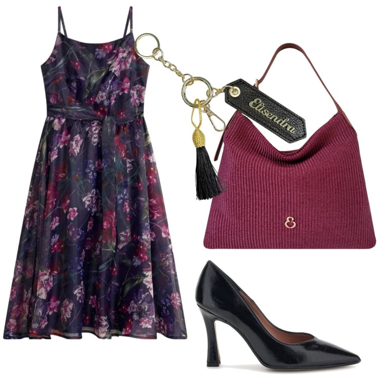 Outfit donna - Vestito floreale. Stile Glamour per Tutti i giorni. Abbinamento con vestiti midi/longuette, borse a spalla, portachiavi, décolleté.