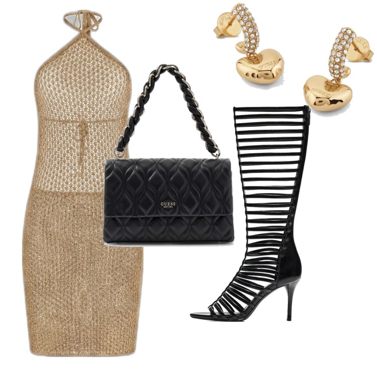 Outfit mujer - Trendy. Estilo Trendy para Noche/Fiesta elegante. Combinación con vestidos cortos, bandoleras, sandalias de tacón, pendientes.