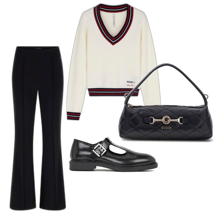 Outfit mujer - Preppy look. Estilo Preppy para Todos los días. Combinación con pantalones, sneakers, prendas de punto, bandoleras.