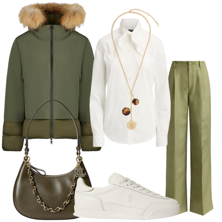 Outfit donna - Stile militare. Stile Casual per Tutti i giorni. Abbinamento con blazer, sneakers, pantaloni, camicie, collane, borse a spalla.