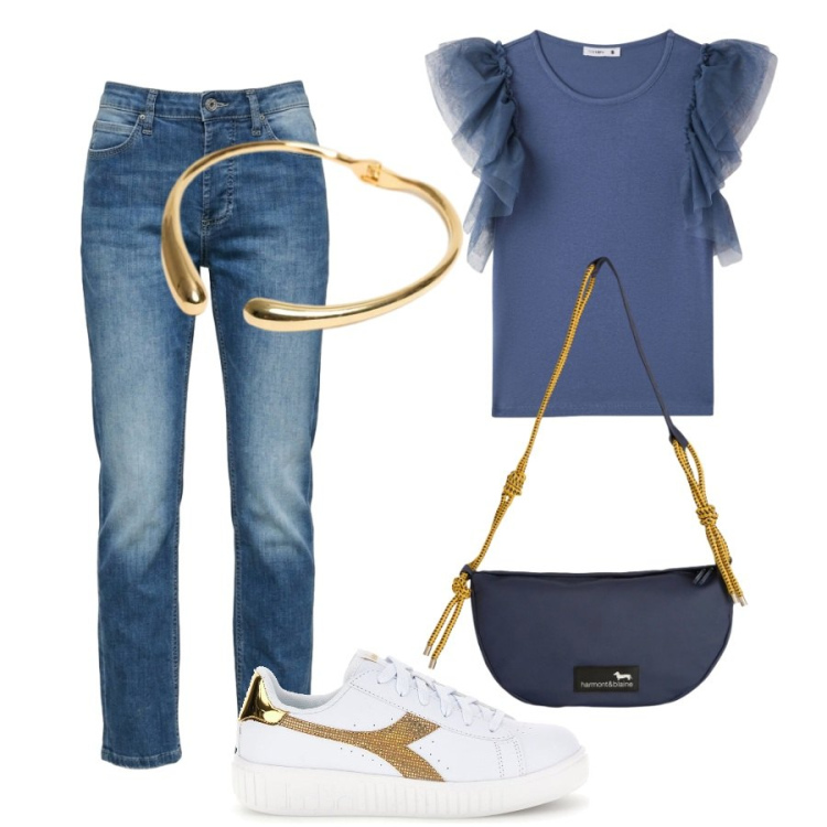 Outfit donna - Total look #2467299. Stile Casual per Tutti i giorni. Abbinamento con borse a tracolla, t-shirt, jeans, collane, sneakers.