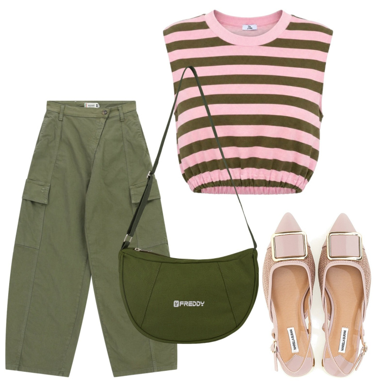 Outfit donna - Volumi accoglienti. Stile Casual per Tutti i giorni. Abbinamento con top, pantaloni cargo, borse a spalla, sandali.