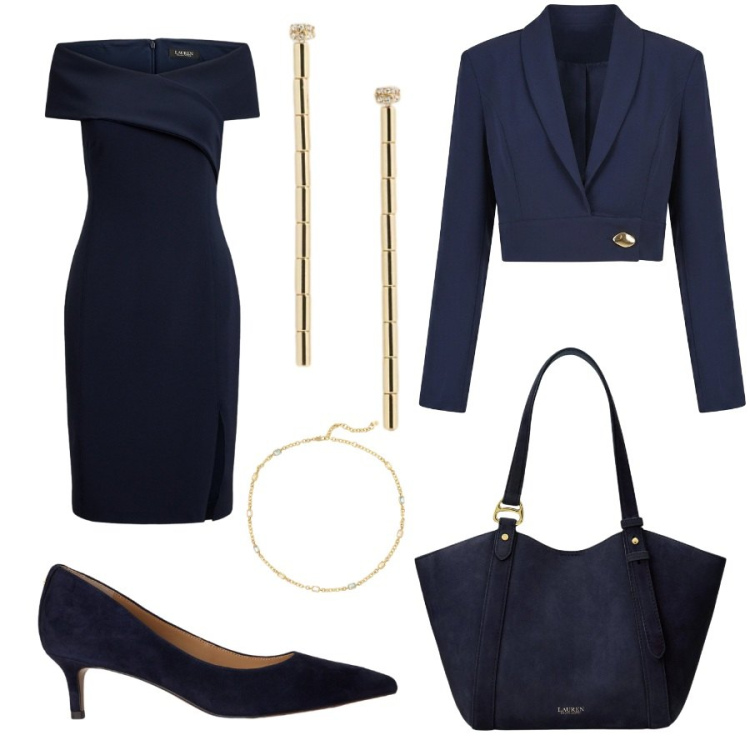 Outfit donna - Eleganza in blu. Stile Chic per Serata fuori. Abbinamento con blazer, vestiti, orecchini, décolleté, collane, borse tote.