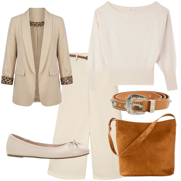 Outfit donna - Avorio. Stile Basic per Tutti i giorni. Abbinamento con ballerine, borse a mano, cinture, pantaloni, pullovers, blazer.
