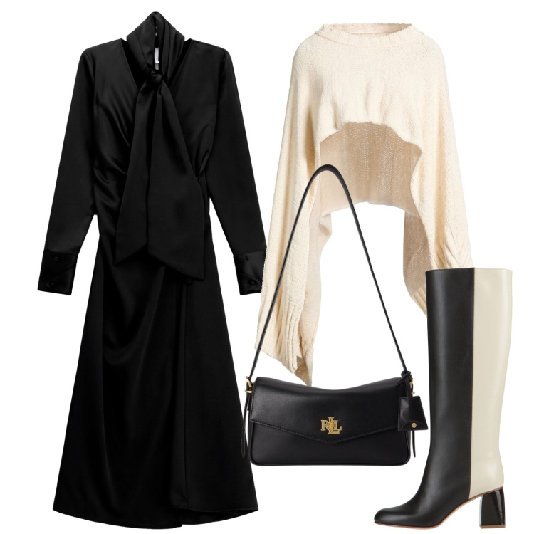 Outfit donna - Stivale bicolore. Stile Chic per Serata fuori. Abbinamento con stivali, cappotti, vestiti lunghi, borse a spalla.