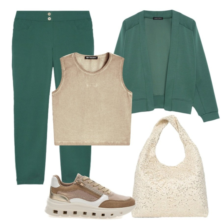 Outfit donna - Il verde. Stile Casual per Tutti i giorni. Abbinamento con borse a spalla, top, felpe, pantaloni skinny, sneakers.