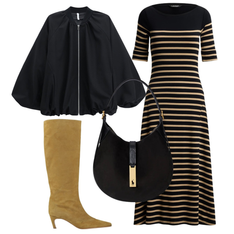 Outfit donna - L\'ape Maia. Stile Glamour per Tutti i giorni. Abbinamento con stivali, bomber, vestiti, borse a spalla.