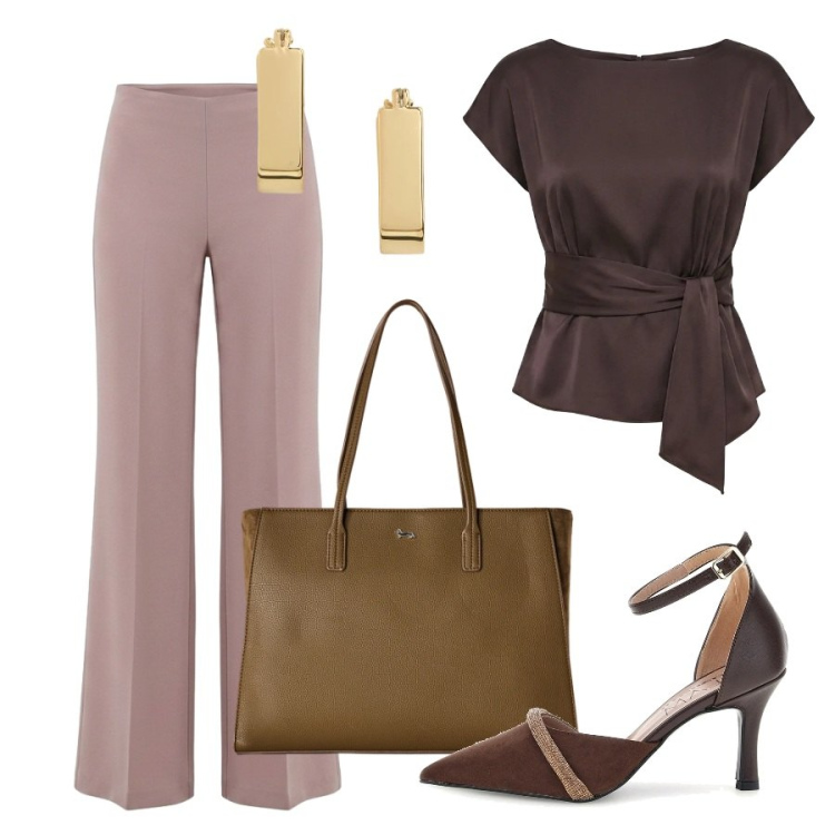 Outfit donna - Sfumature. Stile Chic per Ufficio. Abbinamento con shopping bag, bluse, pantaloni a palazzo, orecchini, décolleté.