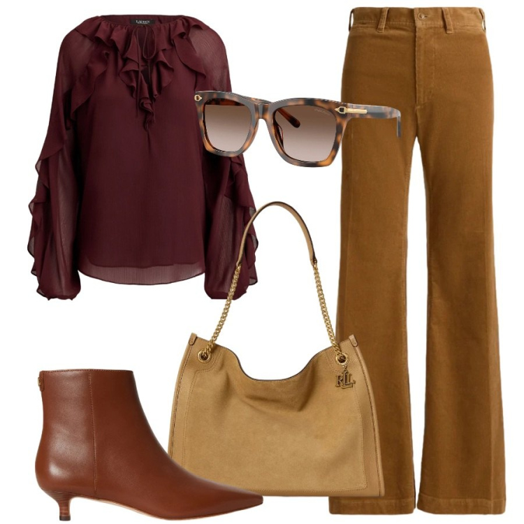 Outfit donna - Benvenuto autunno. Stile Trendy per Tutti i giorni. Abbinamento con bluse, occhiali da sole, stivaletti, pantaloni, borse tote.