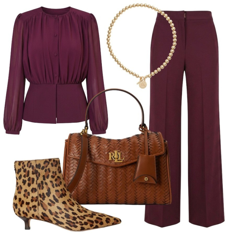 Outfit donna - Stivaletto trendy. Stile Glamour per Ufficio. Abbinamento con pantaloni a palazzo, bluse, collane, borse a mano, stivaletti.