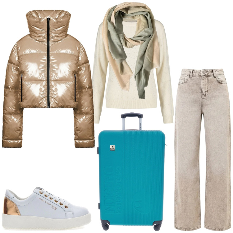 Outfit donna - Total look #2467333. Stile Casual per Tutti i giorni. Abbinamento con jeans dritti, foulard, piumini, maglieria, sneakers, valigie.