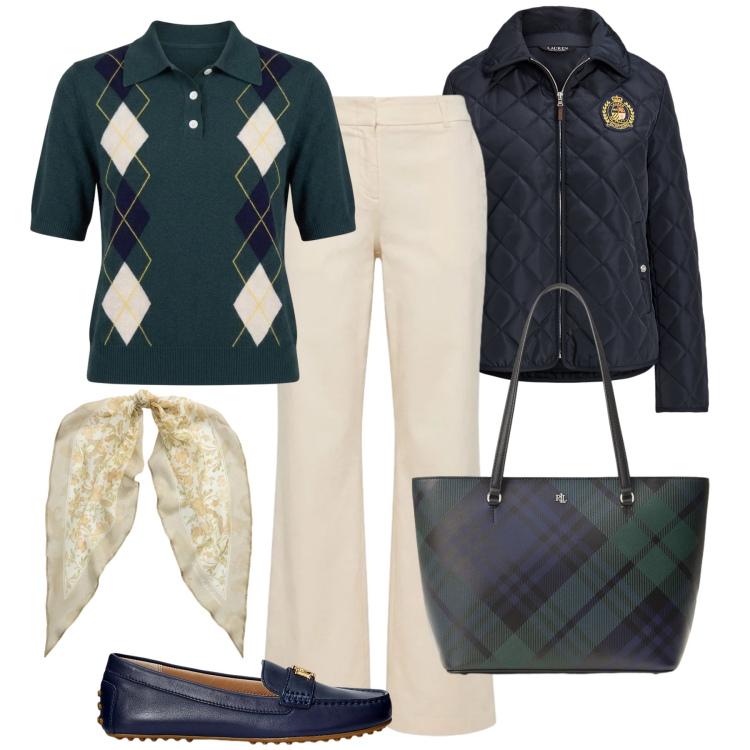 Outfit donna - English style. Stile Sporty chic per Tutti i giorni. Abbinamento con pantaloni, maglieria, giacche, foulard, borse tote, mocassini.