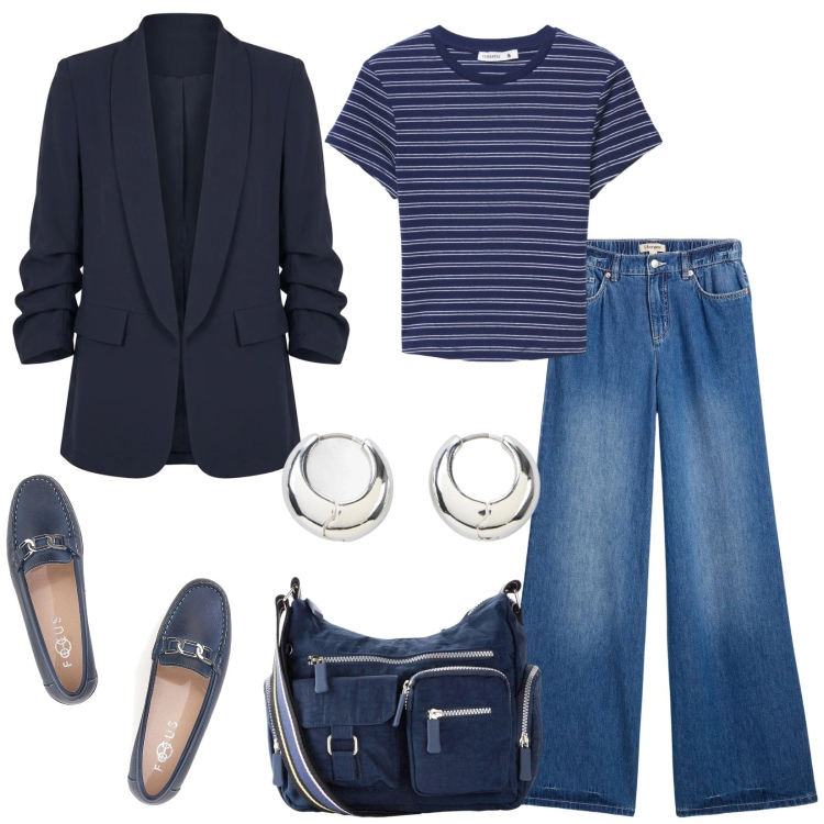 Outfit donna - Total look #2467337. Stile Casual per Tutti i giorni. Abbinamento con jeans, orecchini, borse a tracolla, t-shirt, blazer, mocassini.