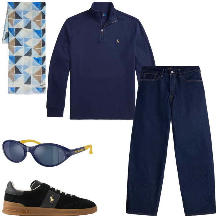 Outfit uomo - Total look #2467343. Stile Casual per Tutti i giorni. Abbinamento con sciarpe, jeans, pullovers, sneakers, occhiali da sole.
