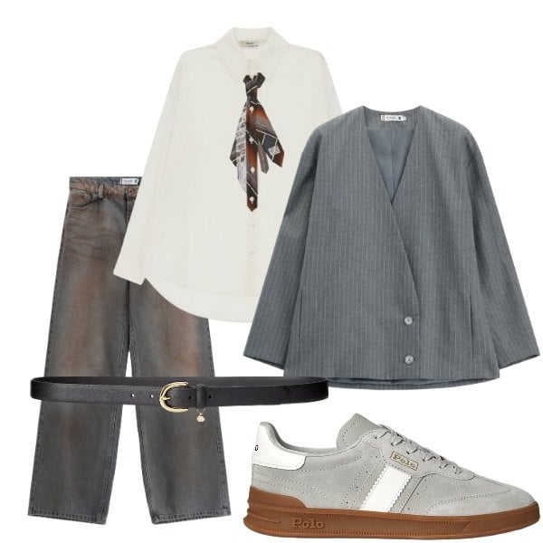 Outfit donna - A cena fuori. Stile Casual chic per Serata fuori. Abbinamento con camicie, blazer, jeans dritti, cinture, sneakers.
