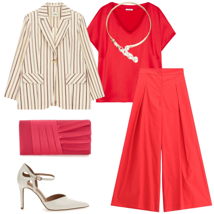 Outfit donna - Total look #2467346. Stile Chic per Serata fuori. Abbinamento con pantaloni a palazzo, blazer, t-shirt, collane, pochette, décolleté.