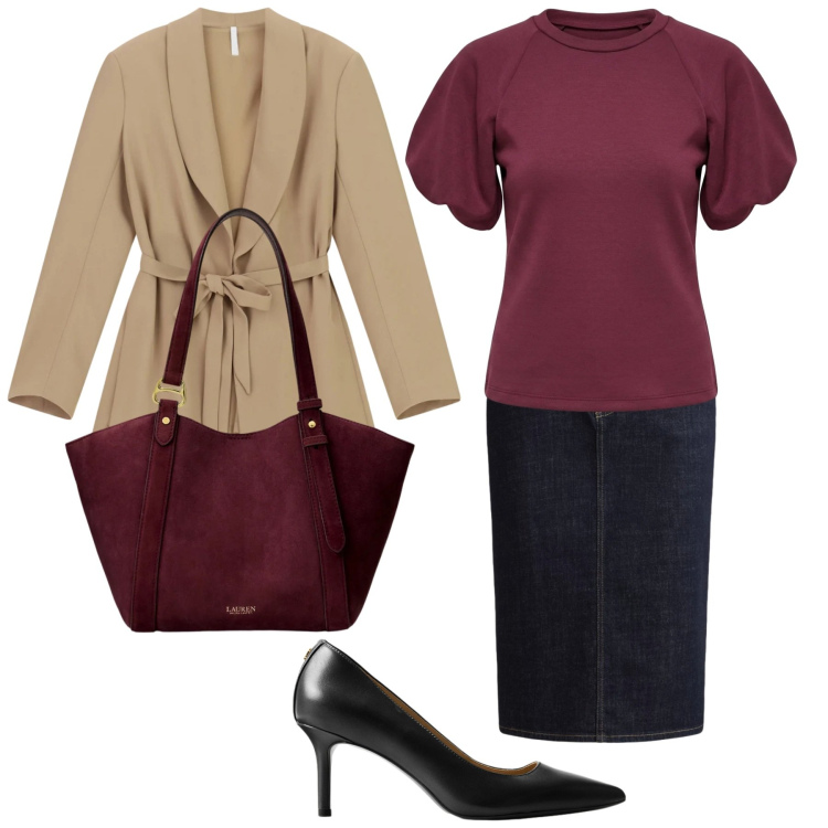 Outfit donna - Office chic. Stile Casual chic per Ufficio. Abbinamento con blazer, t-shirt, décolleté, gonne, borse tote.