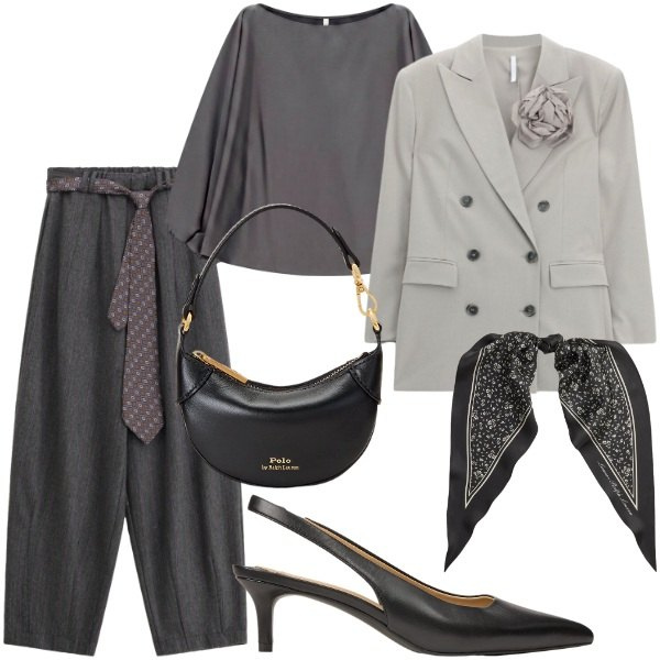 Outfit donna - Cerimonia tra intimi. Stile Chic per Serata fuori. Abbinamento con top, blazer, pantaloni, décolleté, portafogli, foulard.