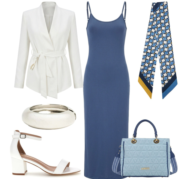 Outfit donna - Total look #2467349. Stile Chic per Serata fuori. Abbinamento con vestiti lunghi, blazer, foulard, braccialetti, sandali col tacco, borse a tracolla.