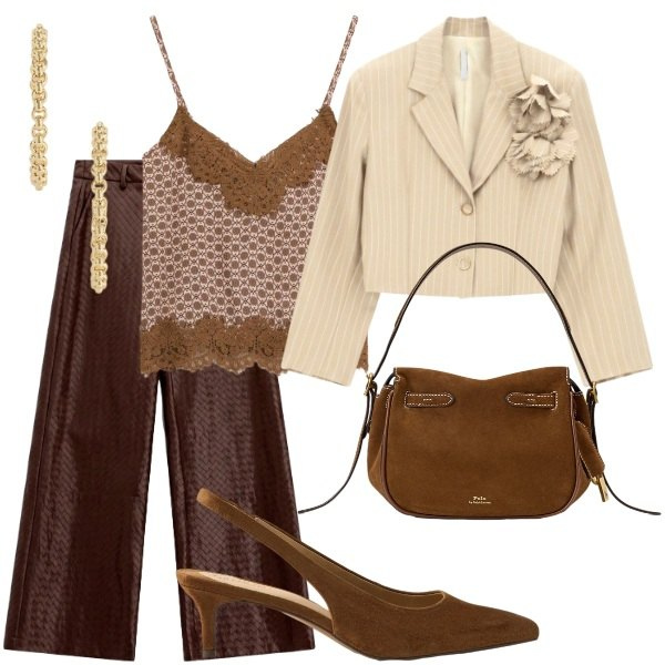 Outfit donna - Matrimonio in vista. Stile Chic per Cerimonia. Abbinamento con blazer, pantaloni a palazzo, top, borse a mano, décolleté, orecchini.