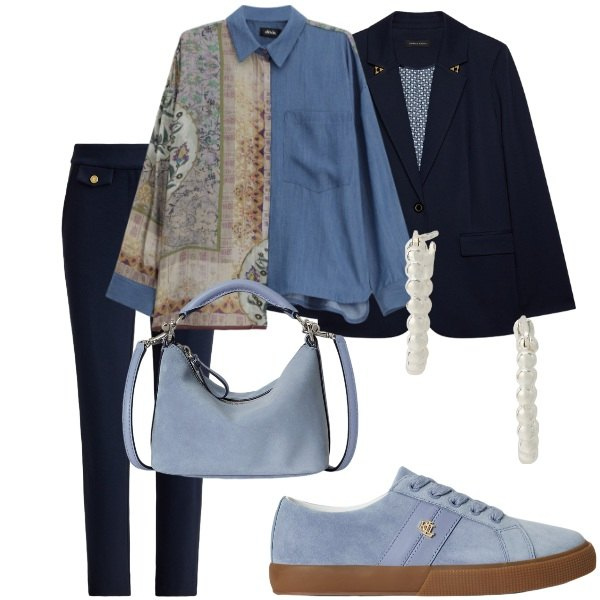 Outfit donna - A cena fuori. Stile Casual chic per Serata fuori. Abbinamento con camicie, blazer, orecchini, sneakers, borse a spalla, pantaloni.