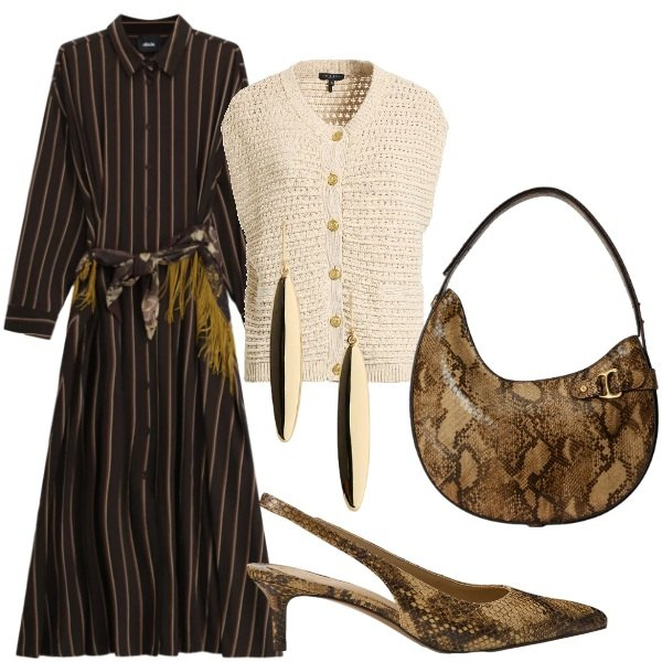 Outfit donna - A cena fuori. Stile Chic per Serata fuori. Abbinamento con cardigans, vestiti lunghi, borse a spalla, décolleté, orecchini.