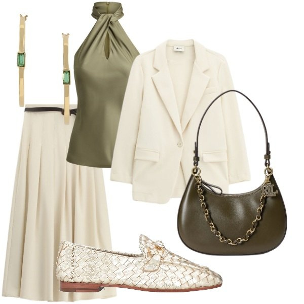 Outfit donna - Cena importante. Stile Casual chic per Serata fuori. Abbinamento con mocassini, blazer, gonne lunghe, bluse, orecchini, borse a spalla.