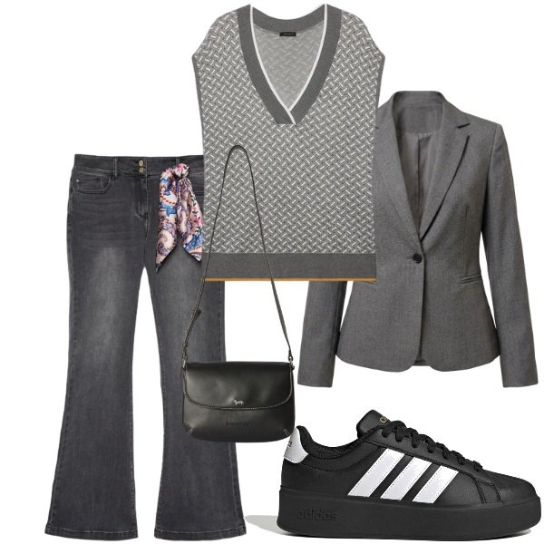 Outfit donna - Serata tra amici. Stile Casual chic per Tutti i giorni. Abbinamento con borse a tracolla, maglieria, jeans, blazer, sneakers.