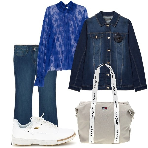 Outfit donna - Pizza a casa di amici. Stile Casual chic per Tutti i giorni. Abbinamento con bluse, jeans, cappotti, sneakers, shopping bag.