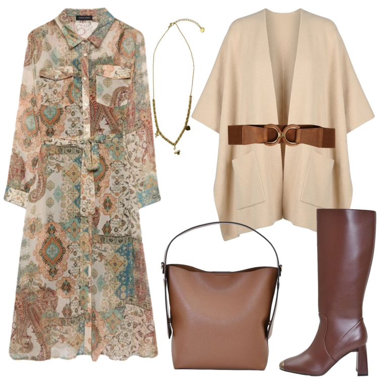 Outfit donna - Lo chemisier morbido a fantasia. Stile Chic per Serata fuori. Abbinamento con borse a mano, stivali sopra il ginocchio, ciondoli, vestiti chemisier, cappe, cinture.