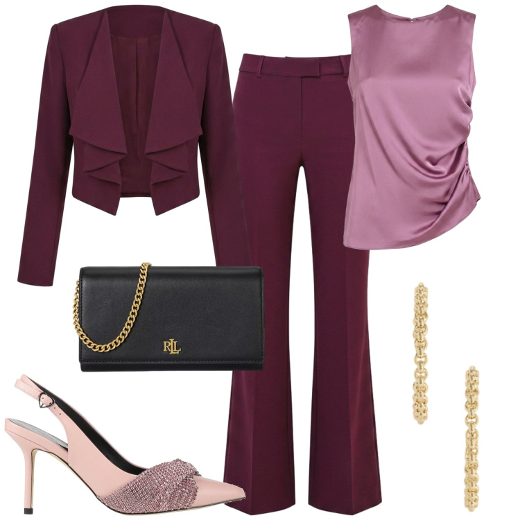 Outfit donna - Elegante. Stile Chic per Cerimonia. Abbinamento con décolleté, canottiere, blazer, pantaloni, borse a tracolla, orecchini.