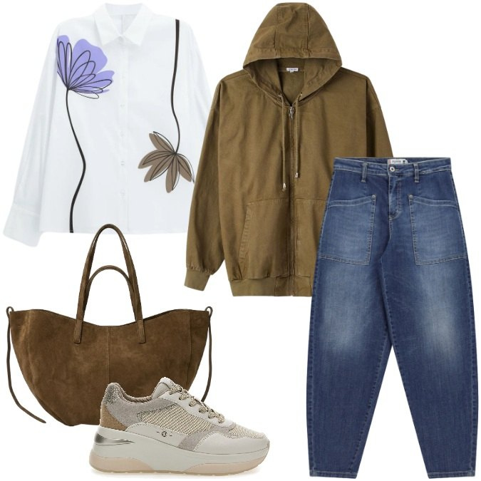 Outfit donna - Cambio stagione. Stile Casual chic per Tutti i giorni. Abbinamento con camicie, blazer, jeans, borse tote, sneakers alte.
