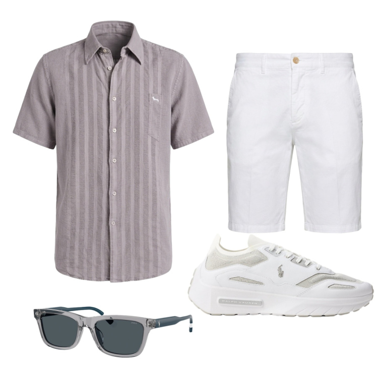 Outfit uomo - Giornaliero. Stile Casual per Tutti i giorni. Abbinamento con bermuda, camicie a manica corta, occhiali da sole, sneakers.