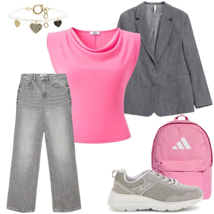 Outfit donna - Total look #2467379. Stile Casual chic per Tutti i giorni. Abbinamento con blazer, jeans dritti, top, braccialetti, zaini, sneakers.