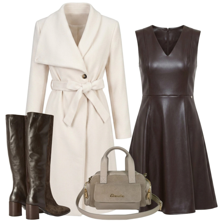 Outfit donna - L\'abitino in similpelle marrone. Stile Trendy per Serata fuori. Abbinamento con stivali, vestiti corti, cappotti, borse a mano.