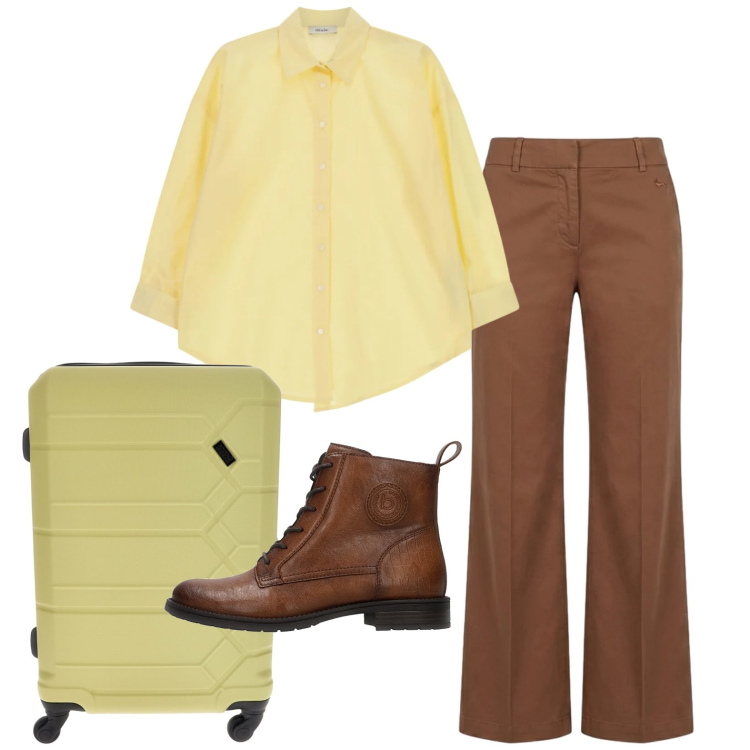 Outfit donna - Vacanze a settembre. Stile Basic per Tutti i giorni. Abbinamento con pantaloni, camicie, anfibi, valigie.