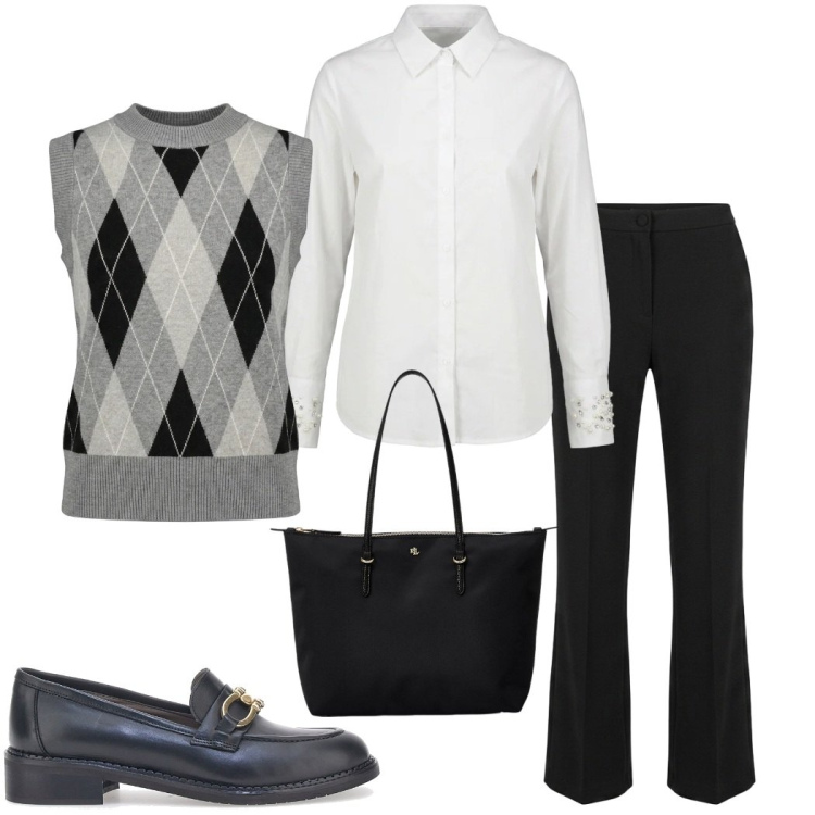 Outfit donna - Back to office. Stile Casual chic per Ufficio. Abbinamento con camicie, pantaloni, maglieria, borse tote, mocassini.