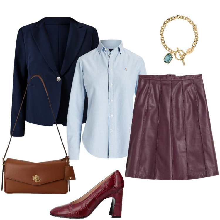 Outfit donna - Total look #2467389. Stile Casual chic per Tutti i giorni. Abbinamento con décolleté, gonne, blazer, camicie, braccialetti, borse a spalla.