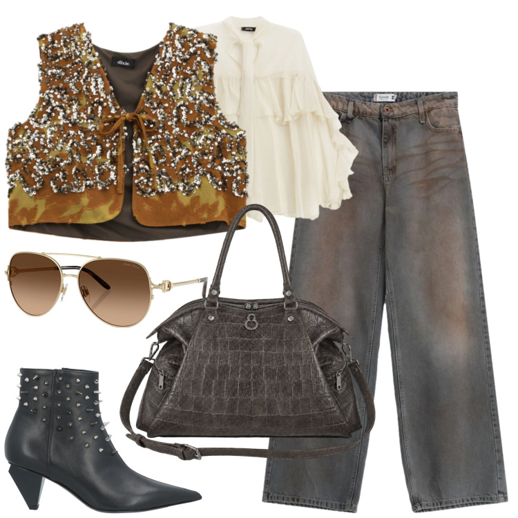 Outfit donna - City. Stile Urban per Tutti i giorni. Abbinamento con stivaletti, gilet, bluse, jeans dritti, shopping bag, occhiali da sole.