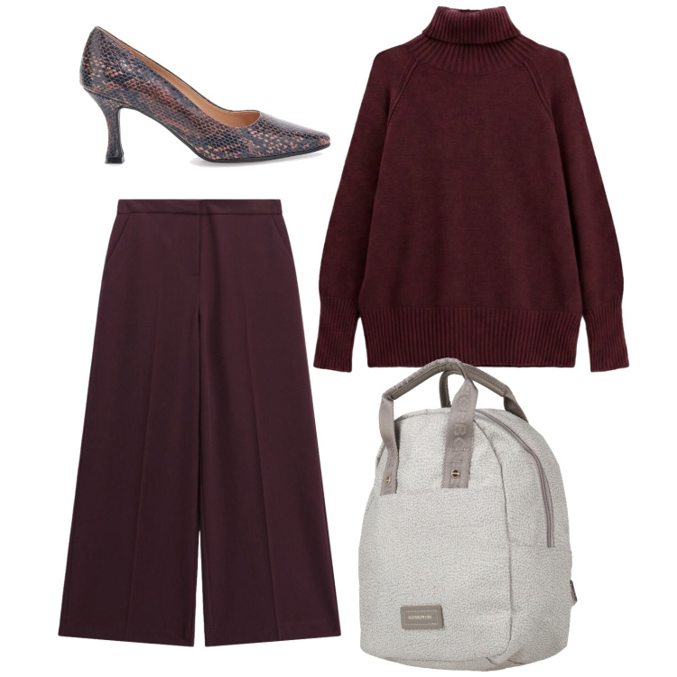 Outfit donna - Burgundy. Stile Casual chic per Ufficio. Abbinamento con zaini, pantaloni a palazzo, pullovers, décolleté.